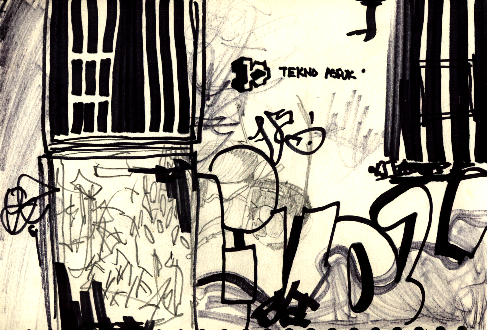 A drawing of a graffiti covered wall, Bristol
